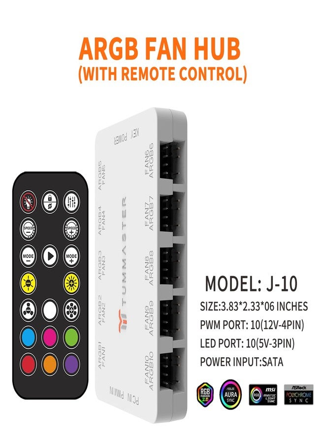 TUMMASTER ARGB Fan HUB, 10-Port 4 Pin PC Fan Controller, 5V-3Pin ARGB Fan Hub, Magnetic Suction, SATA Power Input,RF Remote & Chassis Key Control,Controller Support 10 ARGB PWM Fans Splitter,White - Image 2