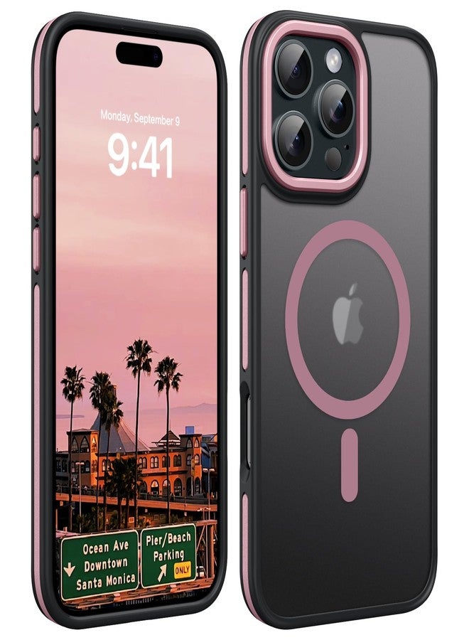 YINLAI جراب YINLAI لهاتف iPhone 16 Pro Max، جراب مغناطيسي [متوافق مع Magsafe] يدعم الشحن اللاسلكي، نحيف، شفاف، غير لامع، مقاوم للصدمات، غطاء خلفي واقٍ للهاتف مقاس 6.9 بوصة، أسود/وردي فاقع - Image 1