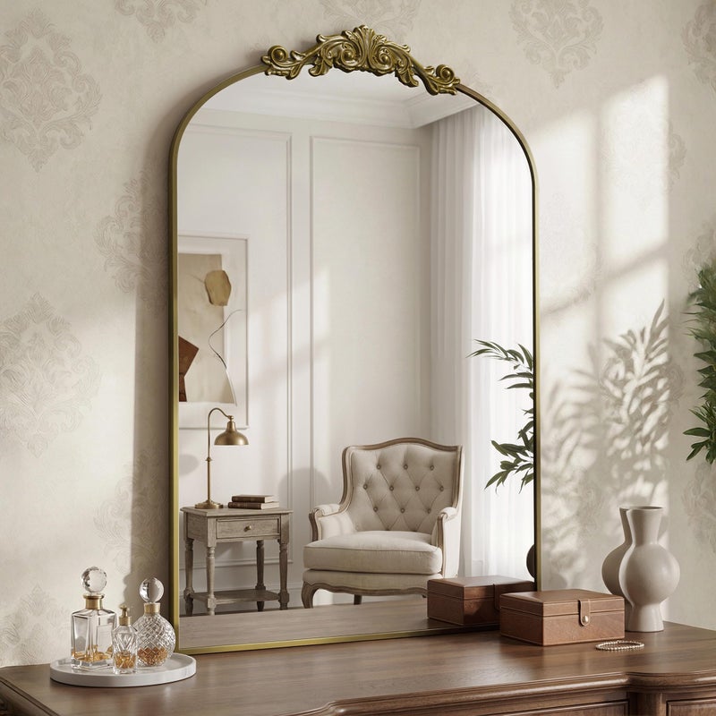 LadyNow Arched Wall Mirror, 24" x 36" Vintage Carved Bathroom Mirror with Antique Bronze Aluminum Frame, Retro Decorative Wall Mirror for Bedroom, Living Room, Entryway, Fireplace & Hallway - Image 2