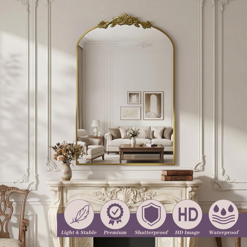 LadyNow Arched Wall Mirror, 24" x 36" Vintage Carved Bathroom Mirror with Antique Bronze Aluminum Frame, Retro Decorative Wall Mirror for Bedroom, Living Room, Entryway, Fireplace & Hallway - Image 3