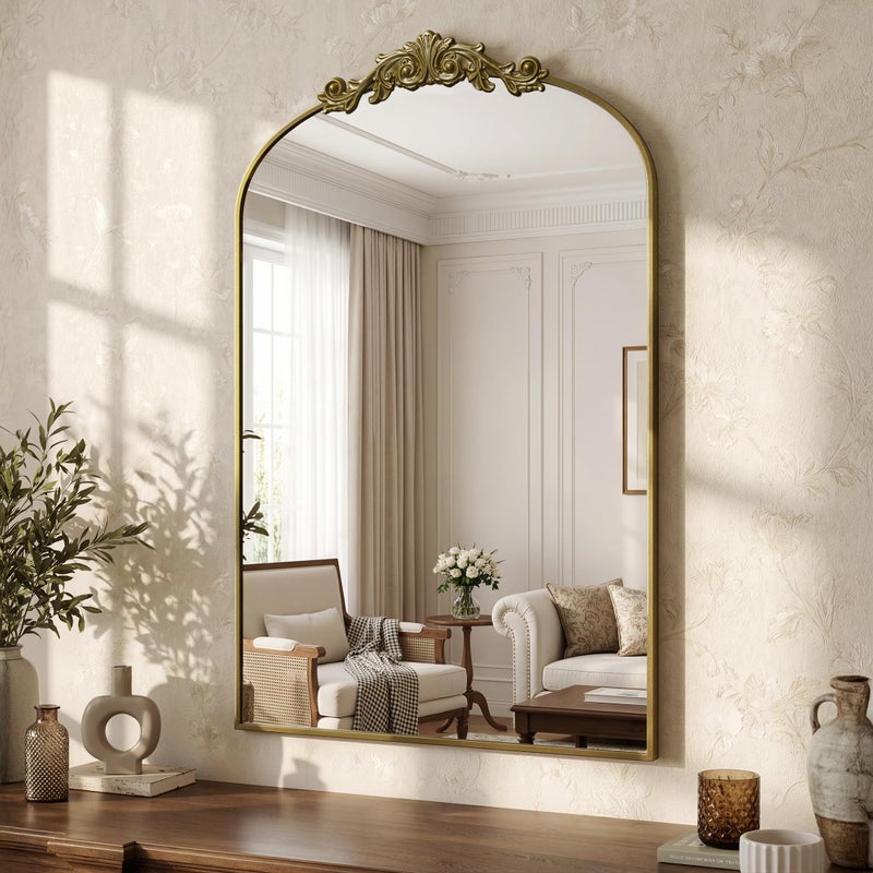 LadyNow Arched Wall Mirror, 24" x 36" Vintage Carved Bathroom Mirror with Antique Bronze Aluminum Frame, Retro Decorative Wall Mirror for Bedroom, Living Room, Entryway, Fireplace & Hallway - Image 1