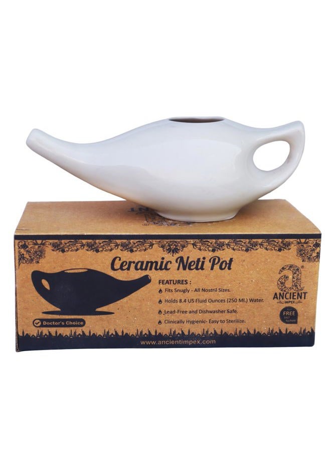 ANCIENTIMPEX ANCIENT IMPEX Ceramic Neti Pot for Nasal Cleansing with 10 Sachets of Neti Salt | Natural Remedy for Sinus, Infection and Congestion | Compact and Travel-Friendly Design (White) - Image 1