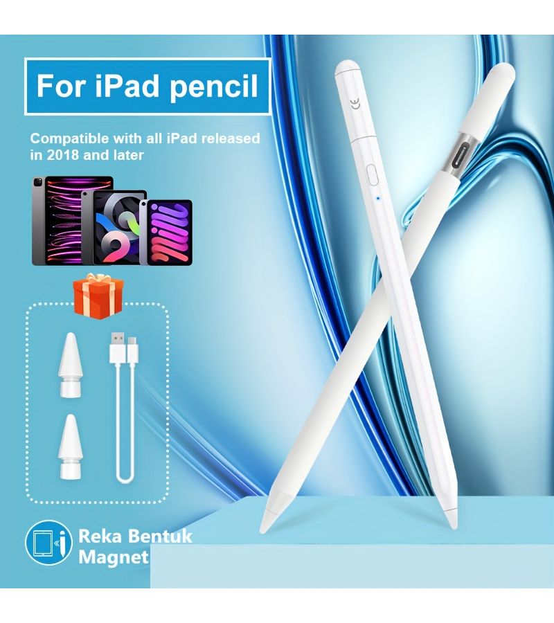 قلم ستايلس أبيض متوافق مع iPad 2018-2025 يشمل طرفي قلم وكابل USB - Image 1