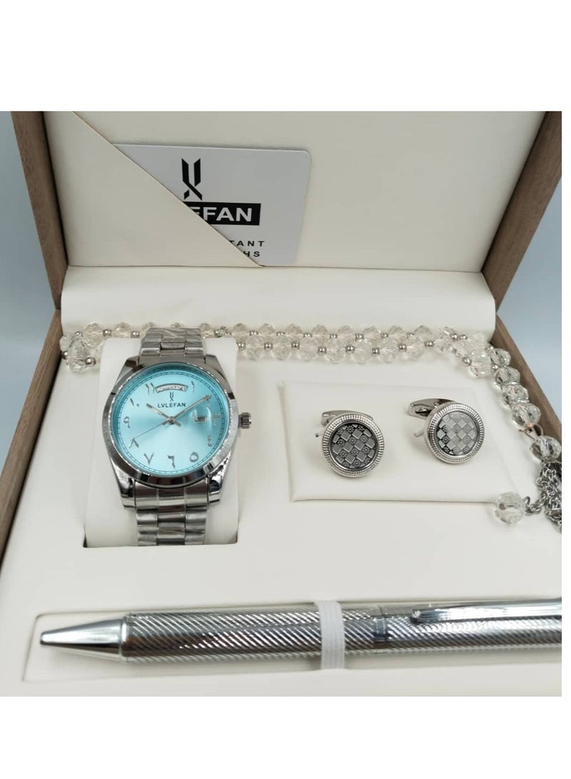 LV LEFAN High-quality, elegant men's watch gift set with Arabic numerals, silver bracelet, and a sky-blue dial with date display.