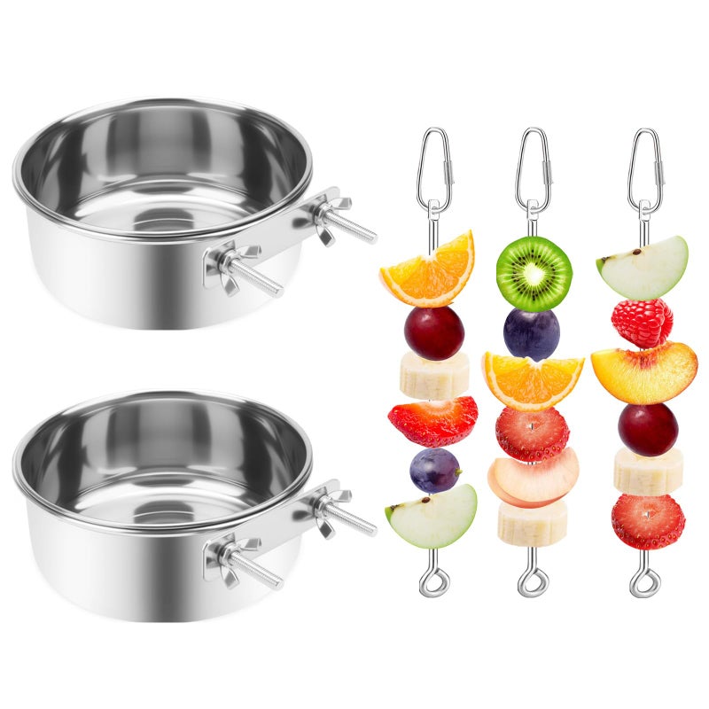VOXGET 2 Pcs Bird Feeder Bowls with 3 Pcs Food Holder for Cage, Parrot Food Water Bowls and Fruit Skewer Foraging Toy, Stainless Steel Bird Feeding Dish Cups for Small Animals (Silvery, 5 Pcs) - Image 1