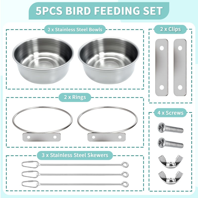 VOXGET 2 Pcs Bird Feeder Bowls with 3 Pcs Food Holder for Cage, Parrot Food Water Bowls and Fruit Skewer Foraging Toy, Stainless Steel Bird Feeding Dish Cups for Small Animals (Silvery, 5 Pcs) - Image 3