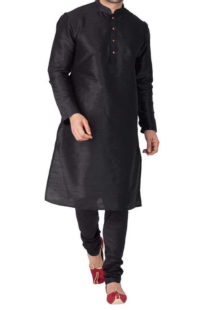 VASTRAMAY VM Mens Silk Blend Black Kurta Pyjama Set - Classic Ethnic Attire for Timeless Style and Cultural Celebrations_VASMKBL001nPBL_42 - Image 1
