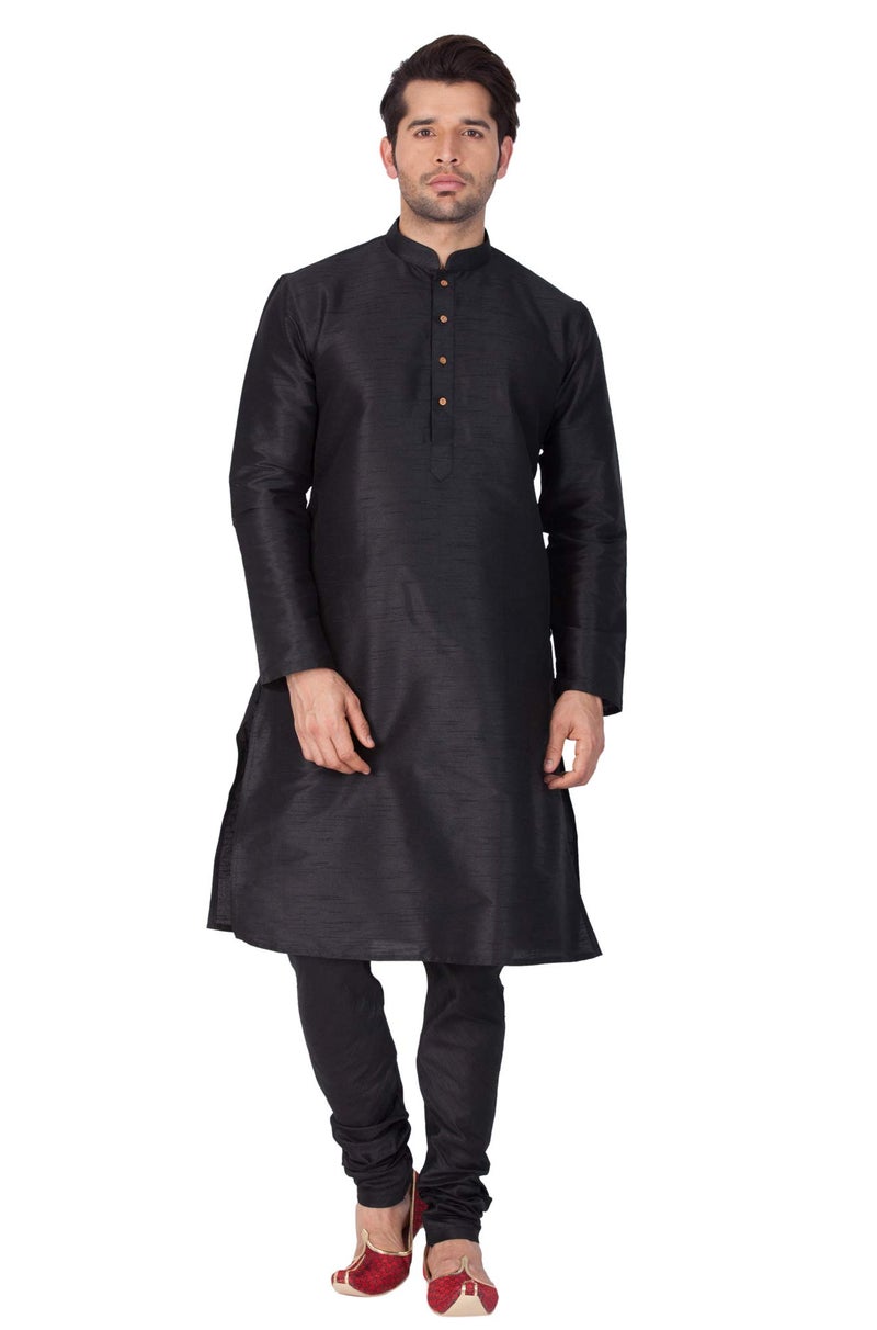 VASTRAMAY VM Mens Silk Blend Black Kurta Pyjama Set - Classic Ethnic Attire for Timeless Style and Cultural Celebrations_VASMKBL001nPBL_42 - Image 3