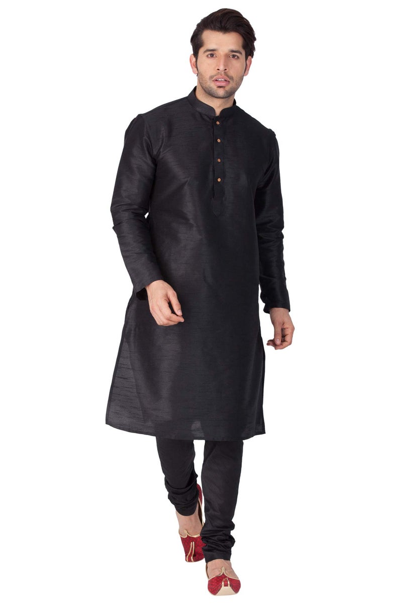 VASTRAMAY VM Mens Silk Blend Black Kurta Pyjama Set - Classic Ethnic Attire for Timeless Style and Cultural Celebrations_VASMKBL001nPBL_42 - Image 2