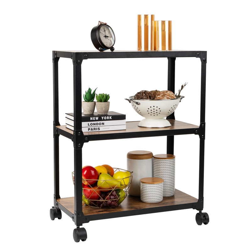 Mind Reader 3 Tier Multipurpose Rolling Cart, Home Storage, Bar Cart, Microwave Stand, Utility Organizer, Metal, MDF, Brown - Image 1