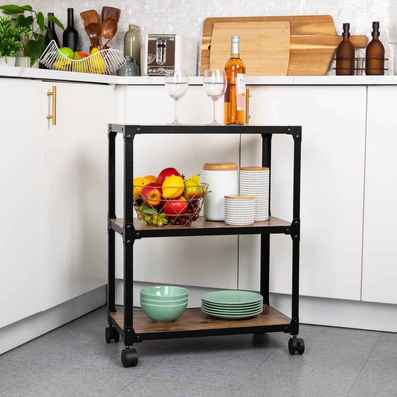 Mind Reader 3 Tier Multipurpose Rolling Cart, Home Storage, Bar Cart, Microwave Stand, Utility Organizer, Metal, MDF, Brown - Image 2