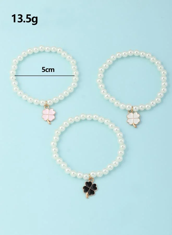Take Two  Pack of 3 - Girls Multi-Color Pearl and Clover Charm Bracelet for Women | Best Price UAE