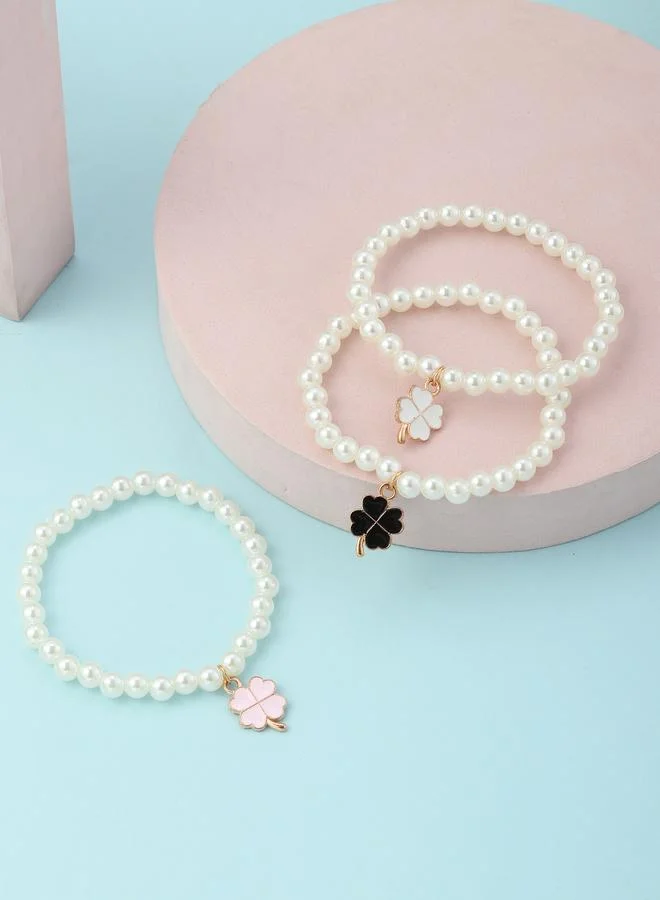 Take Two  Pack of 3 - Girls Multi-Color Pearl and Clover Charm Bracelet for Women | Best Price UAE