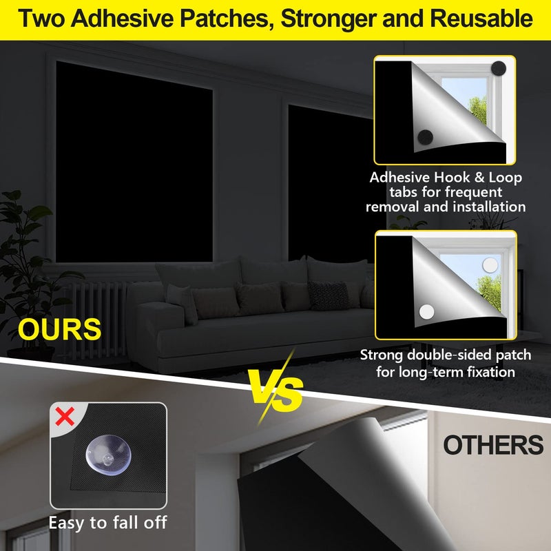 FADOTY 100% Blackout Curtains, Portable Black Out Window Cover Film, Cuttable Blackout Shades Fabric Sheet, No Drill Window Blinds, Sun Heat Light Blocker for Travel Media Dorm Bedroom, 57''W - 2Pack - Image 3