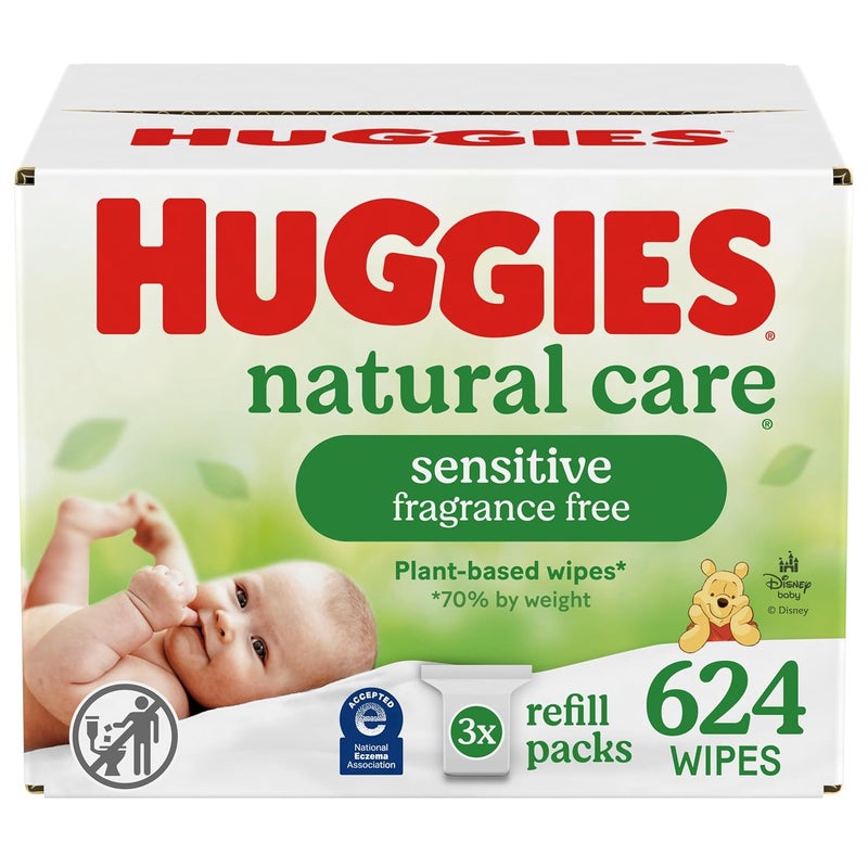 HUGGIES Natural Care Sensitive Baby Wipes, Hypoallergenic, 99% Purified Water, 3 Refill Packs (624 Wipes Total) - Image 1