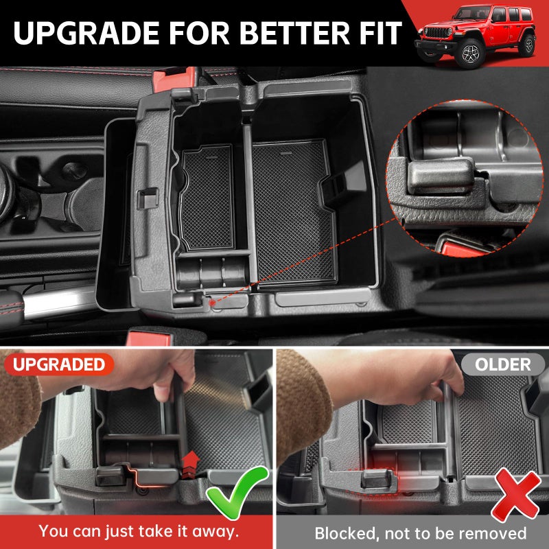 Utiiy Center Console Organizer for 2024 2025 Jeep Wrangler JL JLU 4XE/Gladiator JT Gear Shift Console Side Tray GrabTray Passenger Hanging Armrest Storage Box for Wrangler&Gladiator(24+ 4-piece) - Image 3
