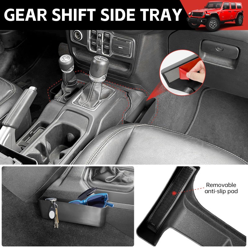 Utiiy Center Console Organizer for 2024 2025 Jeep Wrangler JL JLU 4XE/Gladiator JT Gear Shift Console Side Tray GrabTray Passenger Hanging Armrest Storage Box for Wrangler&Gladiator(24+ 4-piece) - Image 5