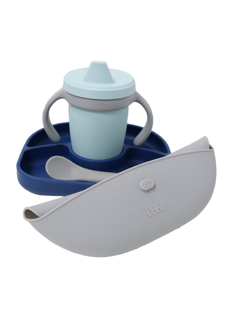 bbluv bblüv Sët - 4M+ Silicone Baby Feeding Set | BPA-Free | Spill-Proof Bib, Suction Plate & Spoon | Soft, Durable & Dishwasher Safe | Anti-Bacterial & Non-Allergic | Navy Blue - Image 1
