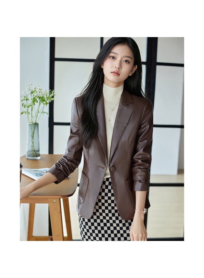 Teluoman Brown Leather Jacket Women Autumn New High-end Pee Ol Commuter Blazer Top - Image 4