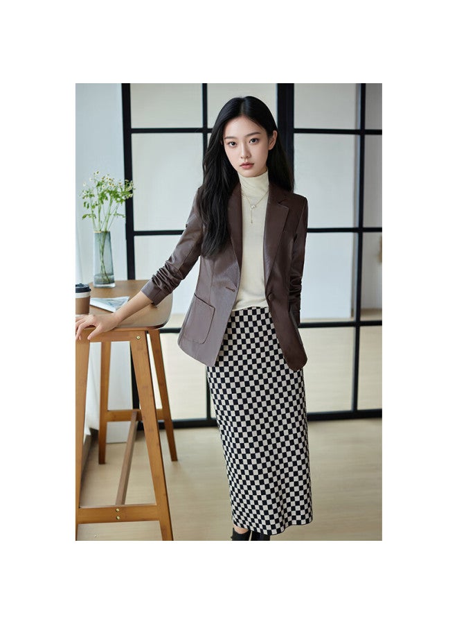 Teluoman Brown Leather Jacket Women Autumn New High-end Pee Ol Commuter Blazer Top - Image 2