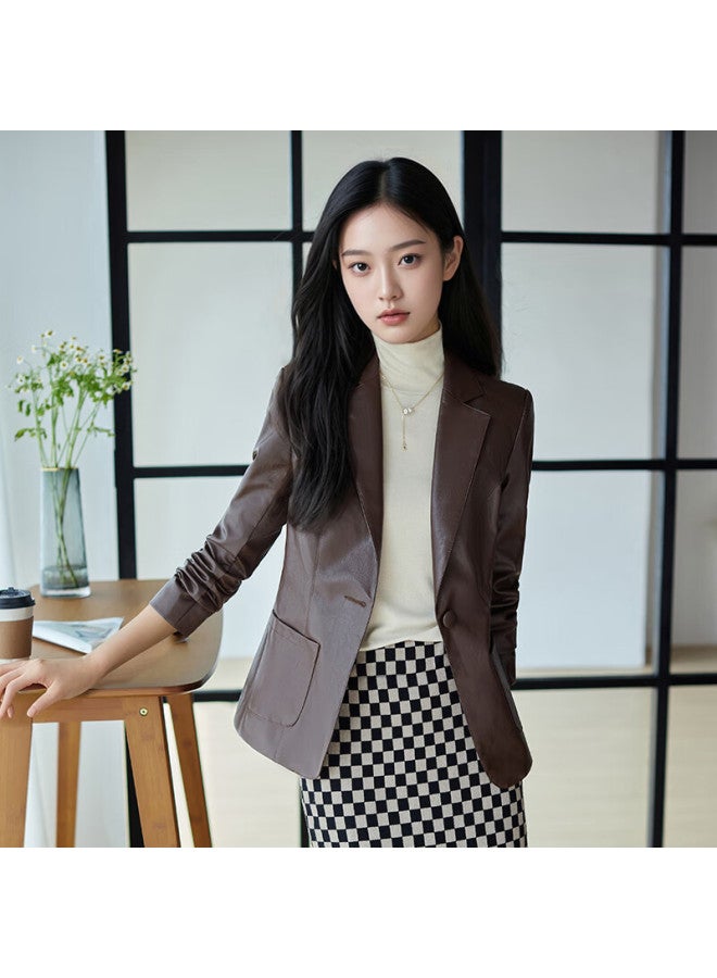 Teluoman Brown Leather Jacket Women Autumn New High-end Pee Ol Commuter Blazer Top - Image 1