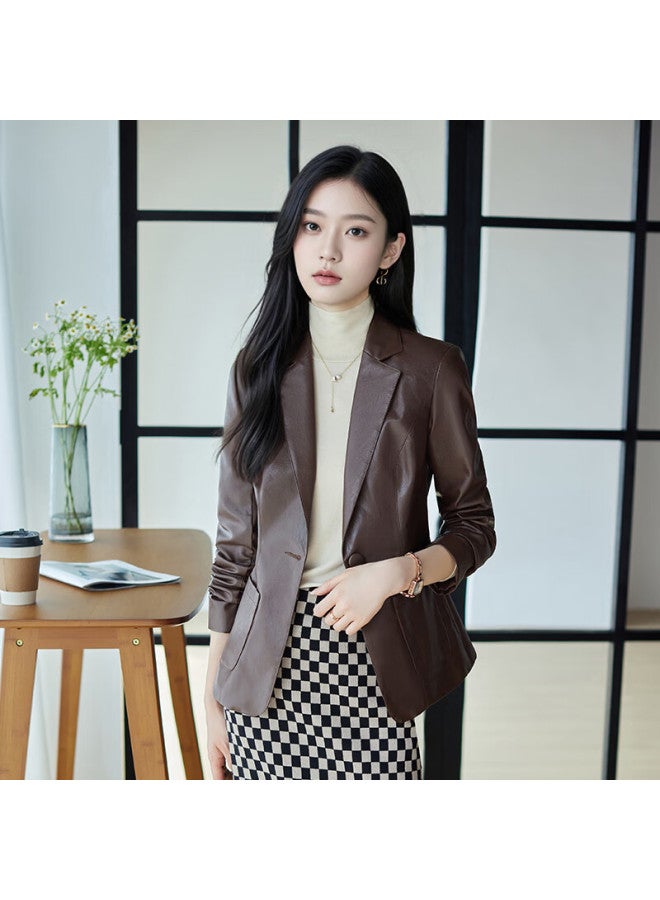 Teluoman Brown Leather Jacket Women Autumn New High-end Pee Ol Commuter Blazer Top - Image 3