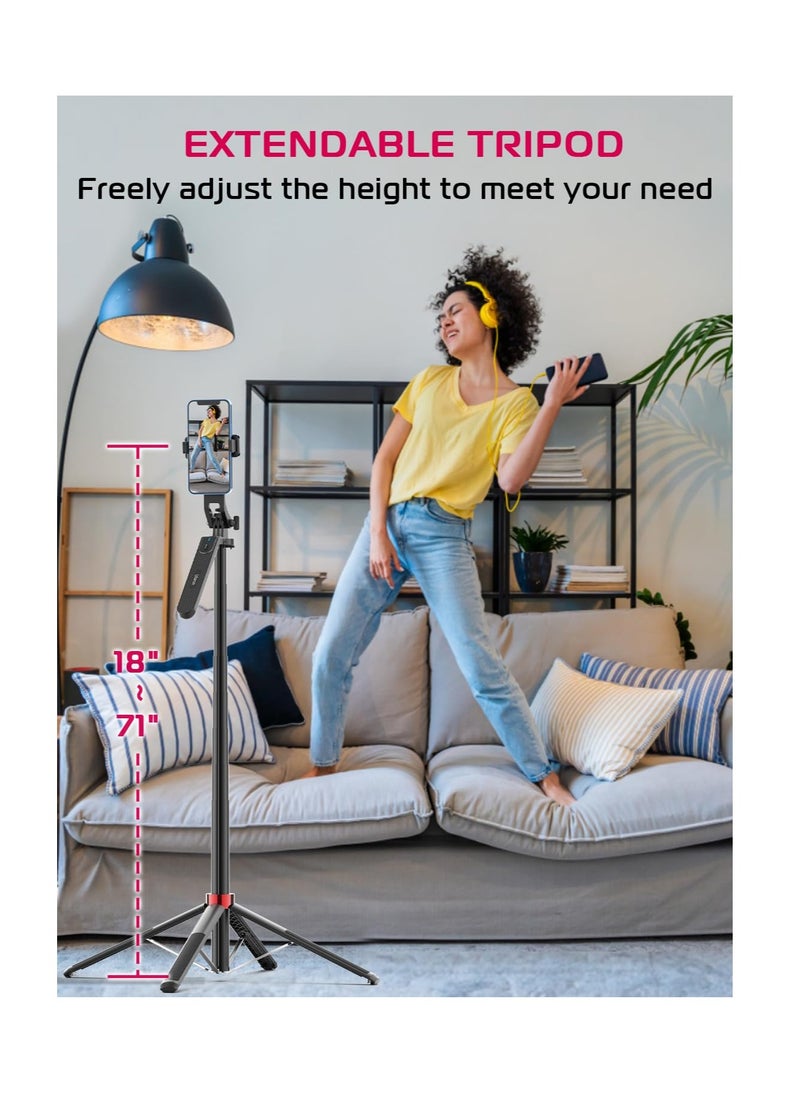 MA09 Scalable Phone Tripod, 71" Bluetooth Selfie Stick, Universal Mobile Phone Live Broadcast Floor Stand with All in 1 Phone Clip, Aluminum Alloy Handheld Stabilizer Fit for iphone