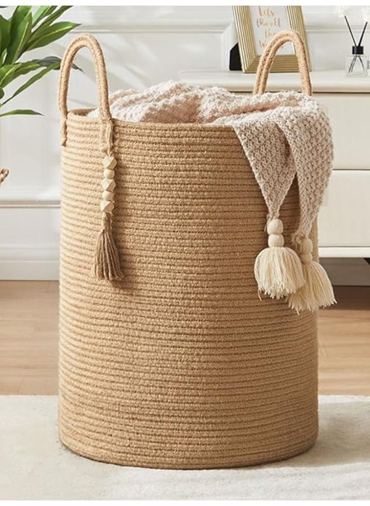 سلة غسيل منسوجة كبيرة سعة 59 لترًا، سلة تخزين من حبل قطني للبطانيات والألعاب والملابس، سلة غسيل طويلة مزخرفة لغرفة المعيشة وحضانة الأطفال والحمام وغرفة النوم، مصنوعة من الجوت الذهبي - Image 1