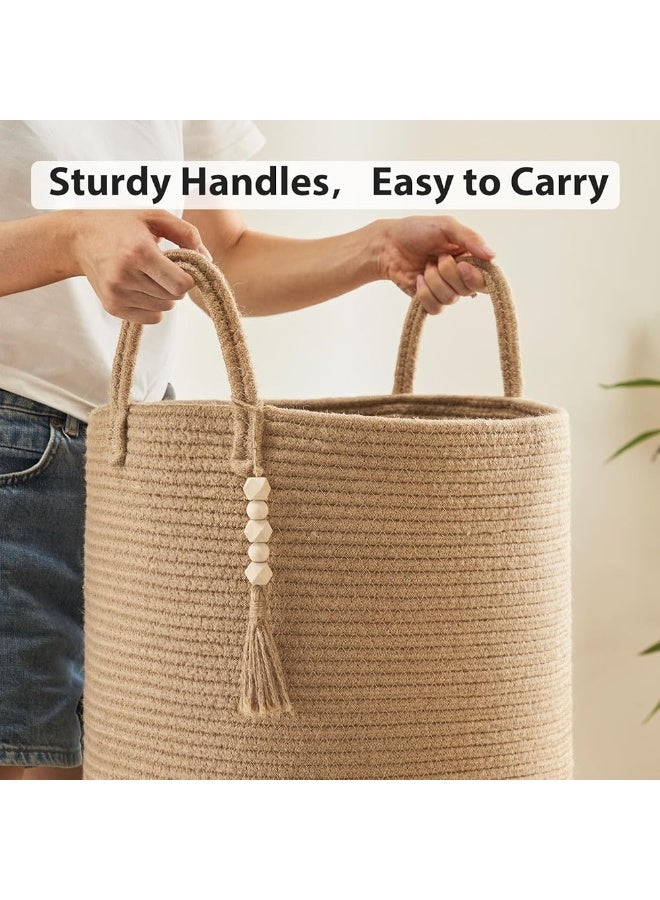 سلة غسيل منسوجة كبيرة سعة 59 لترًا، سلة تخزين من حبل قطني للبطانيات والألعاب والملابس، سلة غسيل طويلة مزخرفة لغرفة المعيشة وحضانة الأطفال والحمام وغرفة النوم، مصنوعة من الجوت الذهبي - Image 4