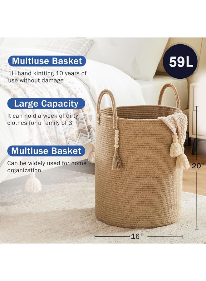 سلة غسيل منسوجة كبيرة سعة 59 لترًا، سلة تخزين من حبل قطني للبطانيات والألعاب والملابس، سلة غسيل طويلة مزخرفة لغرفة المعيشة وحضانة الأطفال والحمام وغرفة النوم، مصنوعة من الجوت الذهبي - Image 5