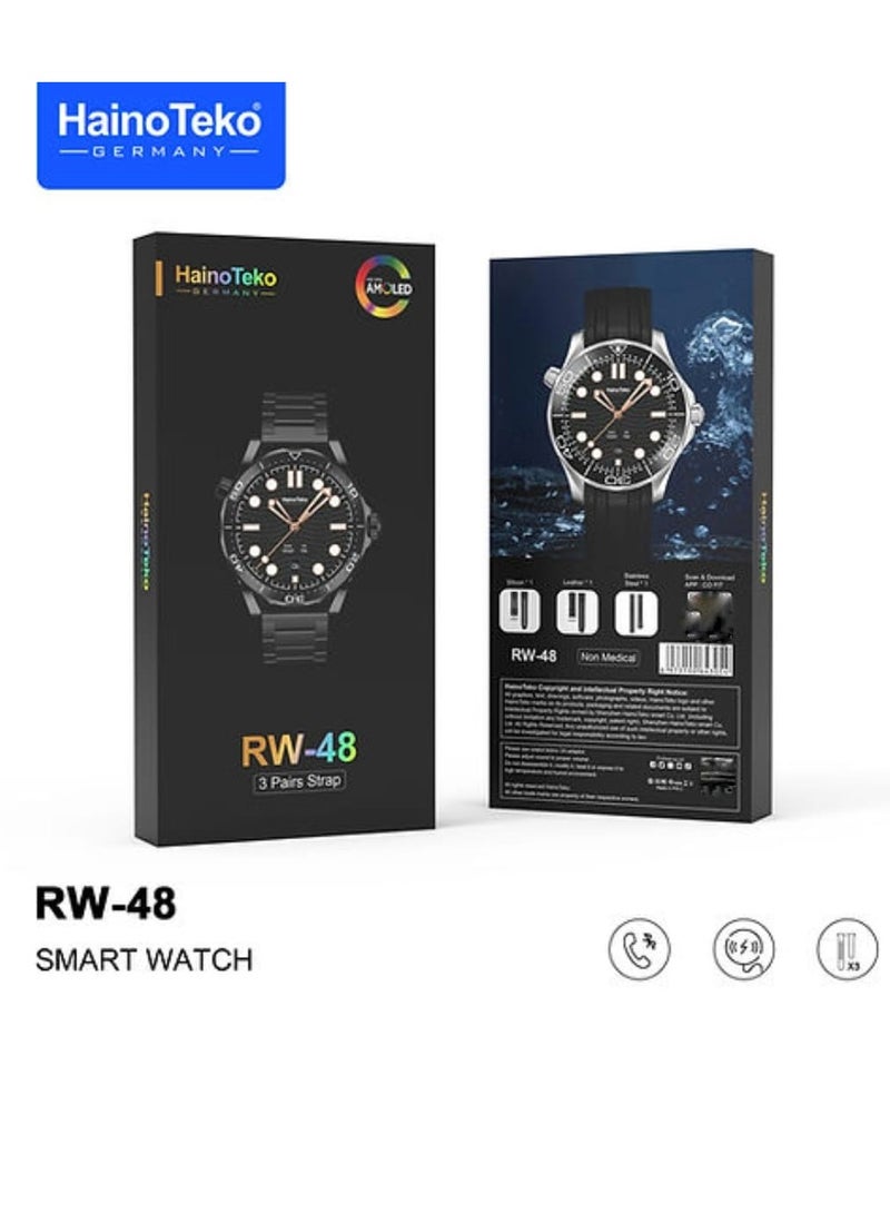 هينو تيكو ساعة ذكية RW48 مع شاشة AMOLED مستديرة الشكل و3 أزواج من الأشرطة وشاحن لاسلكي للرجال - Image 2