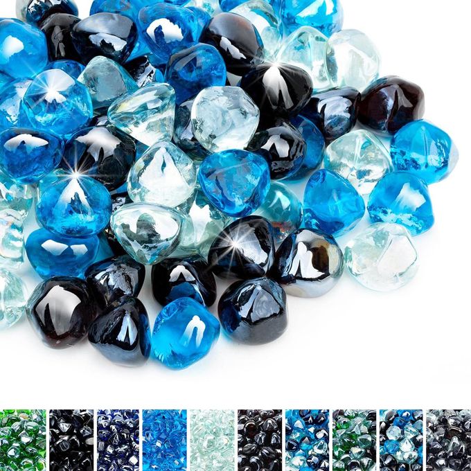 Skyflame 10Pound Blended Fire Glass Diamonds for Fire Pit Fireplace Landscaping 12 Inch Caribbean Blue Crystal Ice Amber Luster