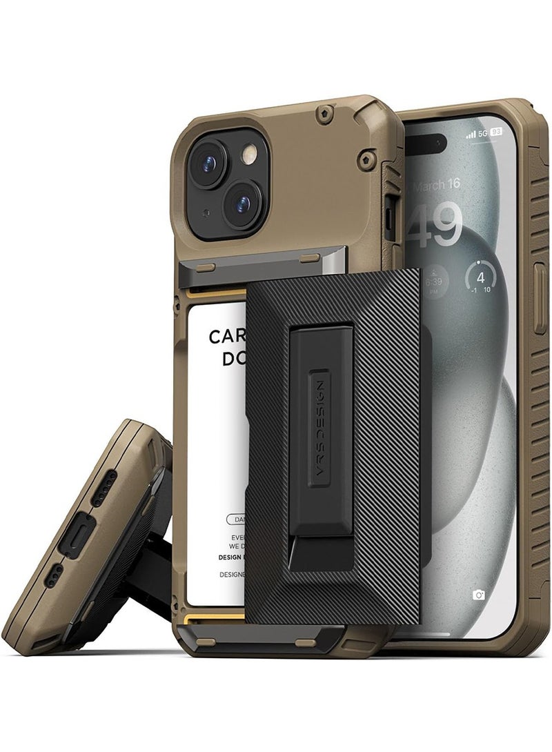 VRS Design Damda Glide Hybrid iPhone 15 Case Cover Wallet with Semi Automatic Credit Card Holder Slot [3-4 Cards] & Kickstand - Khaki Groove