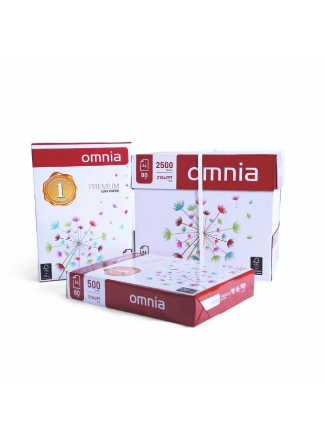 ورق نسخ أومنيا A4، 1 كرتون (5 رزم × 500 ورقة)، 80 جم/م²