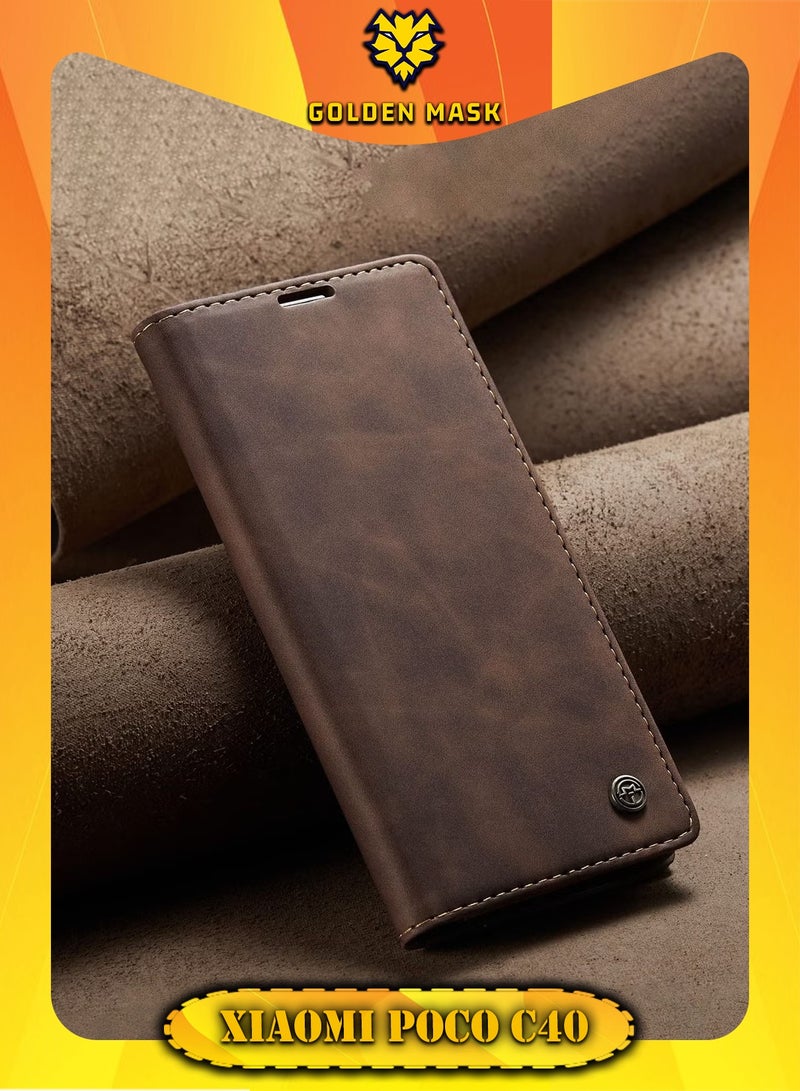 CaseMe For Xiaomi Poco C40 Flip Case Wallet Protection Leather Cover with Card Holder (Brown)