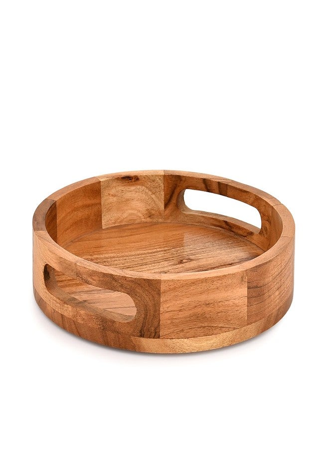 Mahasu Serving Trays Acacia Wood Round Decoration Wooden Tray Unique Design for Serving, Coffee Table, Home Décor and Entertaining (10" x 10" x 1.6") - Image 1