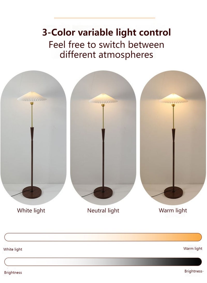 Onelight Vintage Umbrella Pleated Shade Floor Lamp with 3-Color Lighting LED Source Wooden Pole and Foot Switch 12W Perfect Standing Lamp for Bedroom Nightstand Warm Light Decor - Image 4