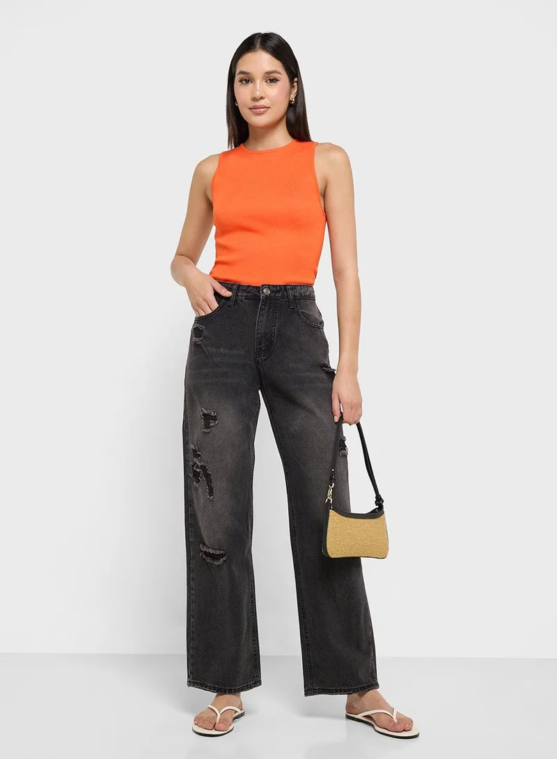 Ginger Grey High Rise Relaxed Fit Ripped Jeans for Women | Best Price UAE