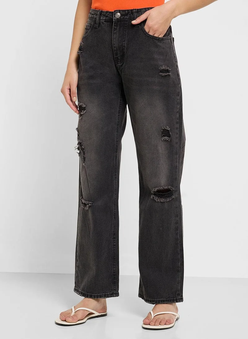 Ginger Grey High Rise Relaxed Fit Ripped Jeans for Women | Best Price UAE