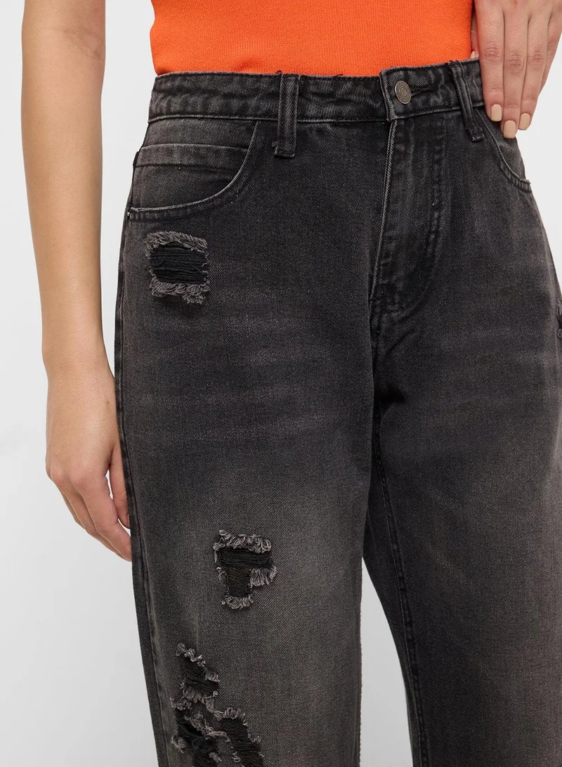 Ginger Grey High Rise Relaxed Fit Ripped Jeans for Women | Best Price UAE