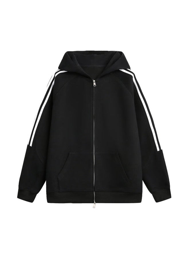 Dingfengbaoluo American Style Striped Cardigan Hoodie Men Spring Double Zipper Hooded Jacket Xm05 White Flower Gray 2XL - Image 4