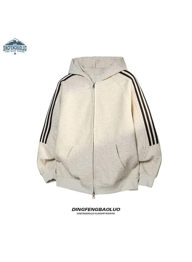 Dingfengbaoluo American Style Striped Cardigan Hoodie Men Spring Double Zipper Hooded Jacket Xm05 White Flower Gray 2XL - Image 1