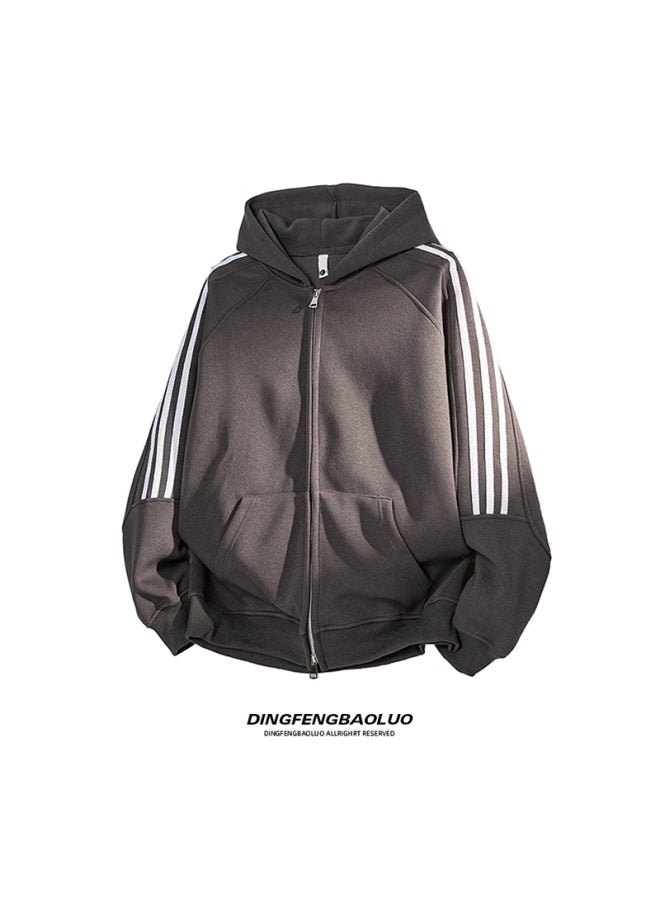 Dingfengbaoluo American Style Striped Cardigan Hoodie Men Spring Double Zipper Hooded Jacket Xm05 White Flower Gray 2XL - Image 3