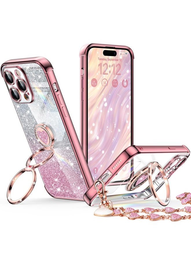 XYZ for iPhone 15 Pro Max Case with Stand, Phone Case with Double Ring Kickstand, Women Girls Cute Love-Heart Luxury Bling Protective Case Heart for iPhone 15 Pro Max 6.7 inch, Rose Gold - Image 1