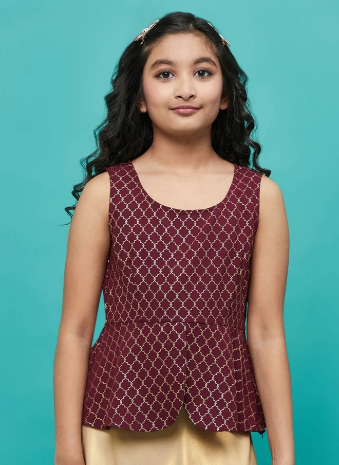 أيه كيه إس Burgundy Geometric Printed Peplum Top for Girls