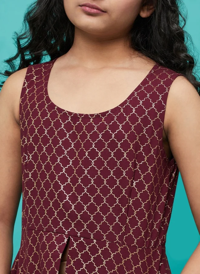 أيه كيه إس Burgundy Geometric Printed Peplum Top for Girls