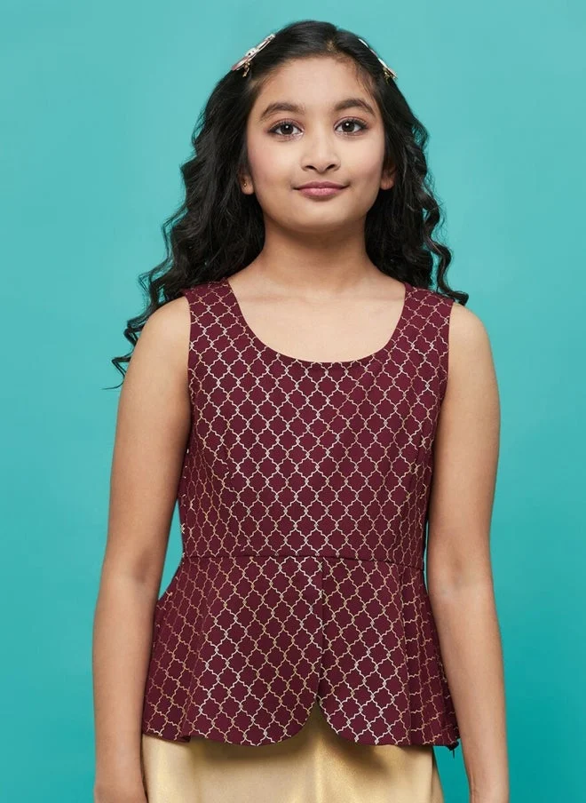 أيه كيه إس بلوزة بيبلوم مطبوعة هندسية باللون العنابي للبنات