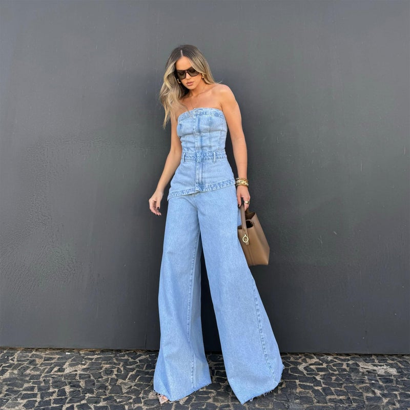 VOIKERDR Denim Set for Women 2 Piece Off Shoulder Top and Wide Leg Jeans Y2K Outfits Streetwear - Image 2
