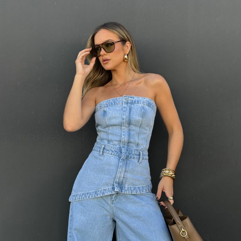 VOIKERDR Denim Set for Women 2 Piece Off Shoulder Top and Wide Leg Jeans Y2K Outfits Streetwear - Image 4