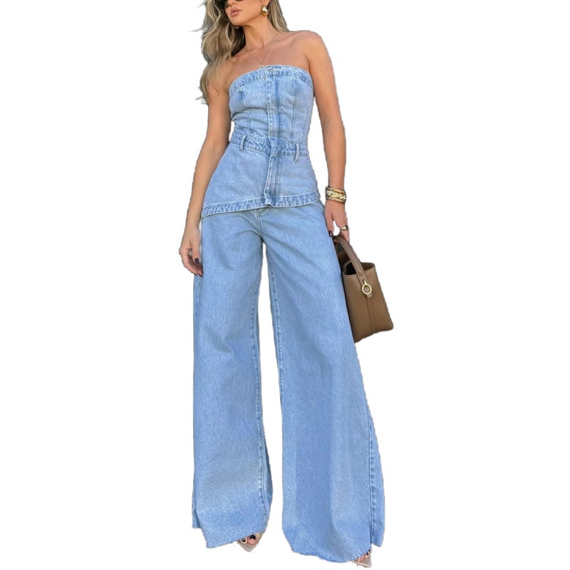 VOIKERDR Denim Set for Women 2 Piece Off Shoulder Top and Wide Leg Jeans Y2K Outfits Streetwear - Image 1